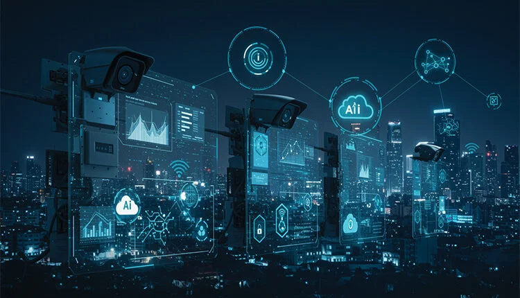 Networked surveillance cameras above a city skyline at night, overlaid with blue AI, cloud and data analytics graphics
