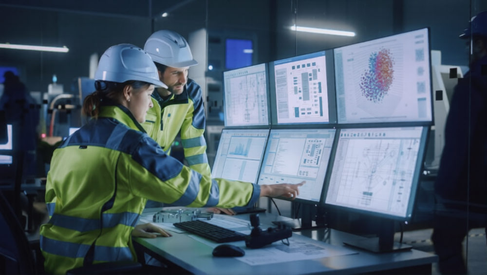 Two engineers in hard hats and high-visibility jackets reviewing performance data on a bank of monitors in a control room