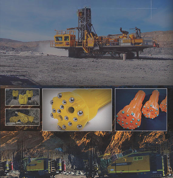 Composite image of a yellow crawler-mounted drill rig on an open-pit bench, close-ups of button drill bits, and green drilling rigs working in a rock tunnel