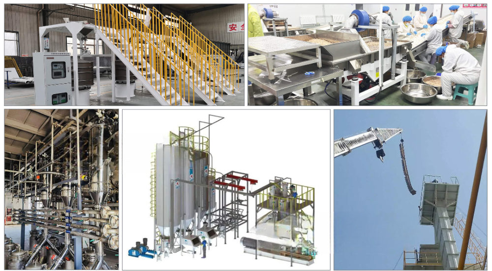 Composite image of powder handling plant: a bagging station, a processing line with operators, stainless steel vacuum conveying pipework, a rendered silo and conveying system, and a loading spout