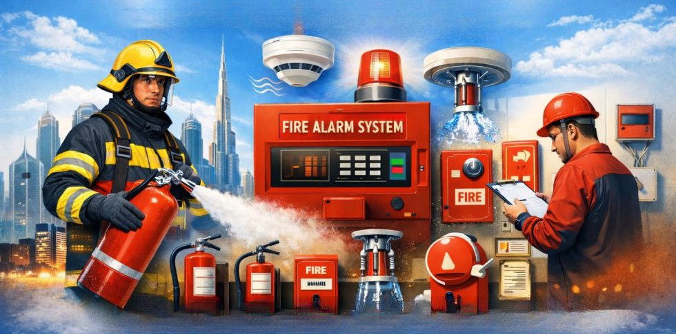Illustration of a firefighter using an extinguisher beside a fire alarm panel, smoke detectors, sprinklers and manual call points, with a technician inspecting the system