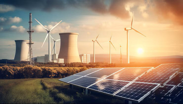 Rows of solar panels in a green field at sunset with wind turbines and power station cooling towers on the horizon