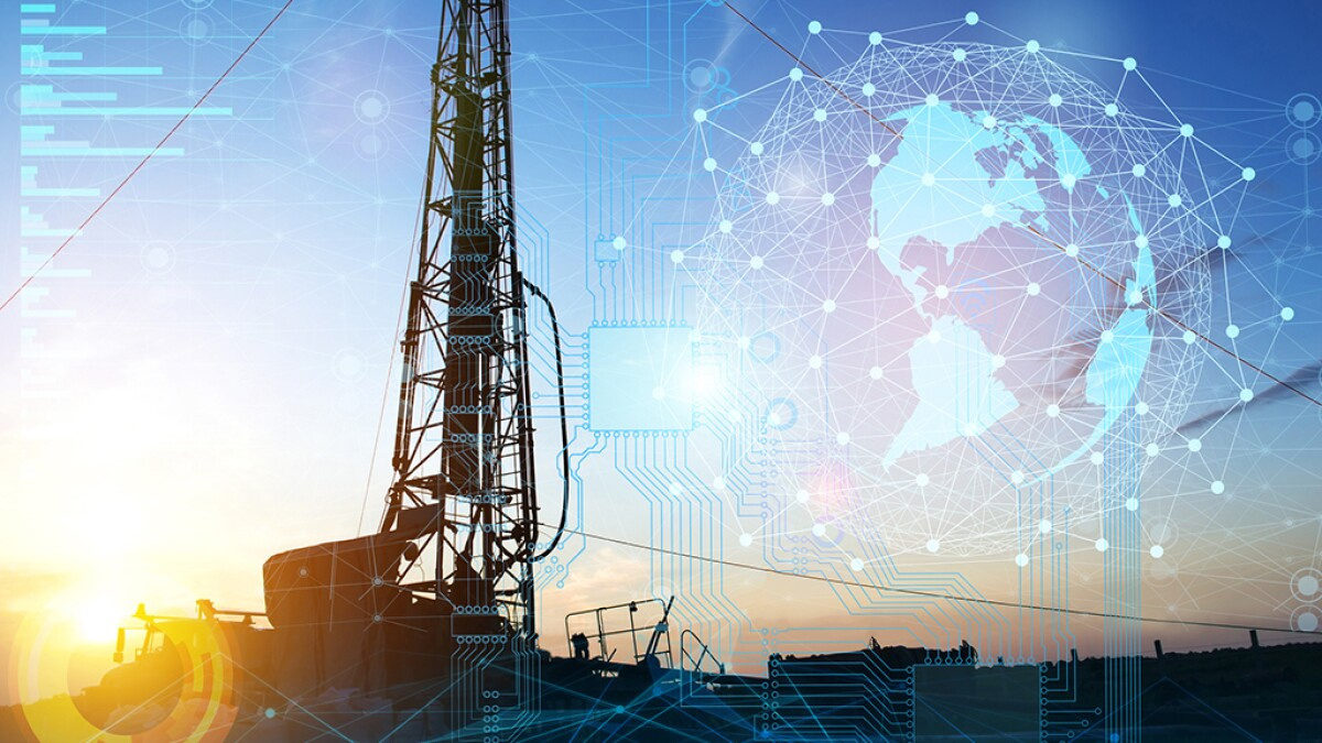 Drilling rig silhouette merged with a glowing circuit-board and connected globe graphic representing digital oilfield technology