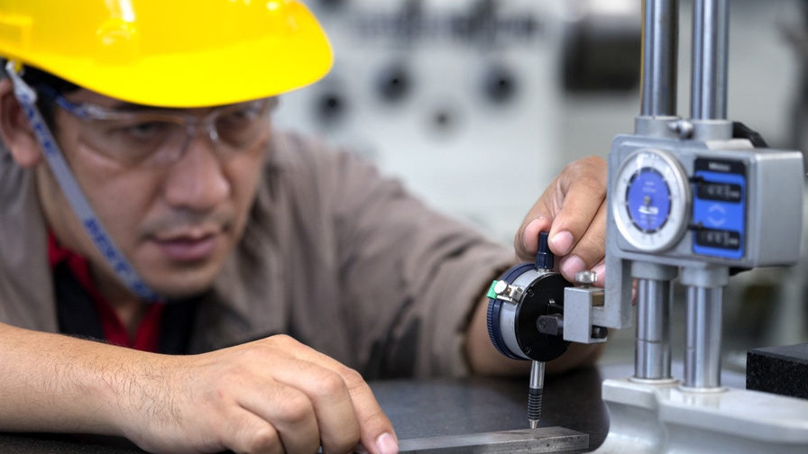 Technician in a yellow hard hat and safety glasses measuring a metal part with a dial gauge on a height stand